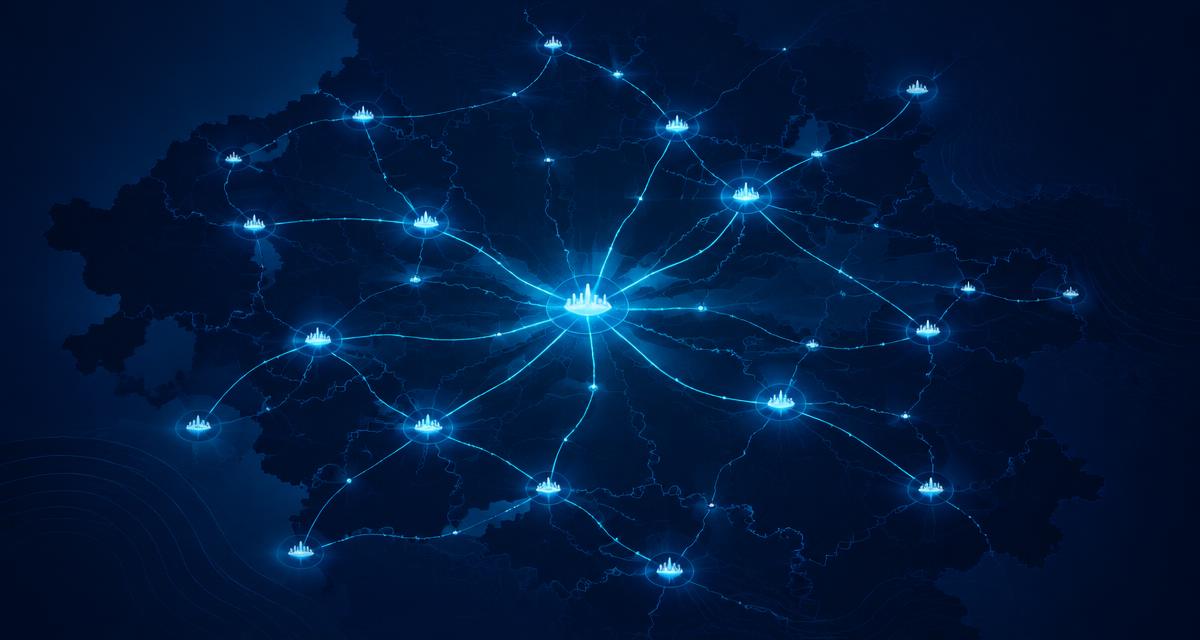 Glowing cyan network connecting Luton to surrounding towns on a midnight navy map