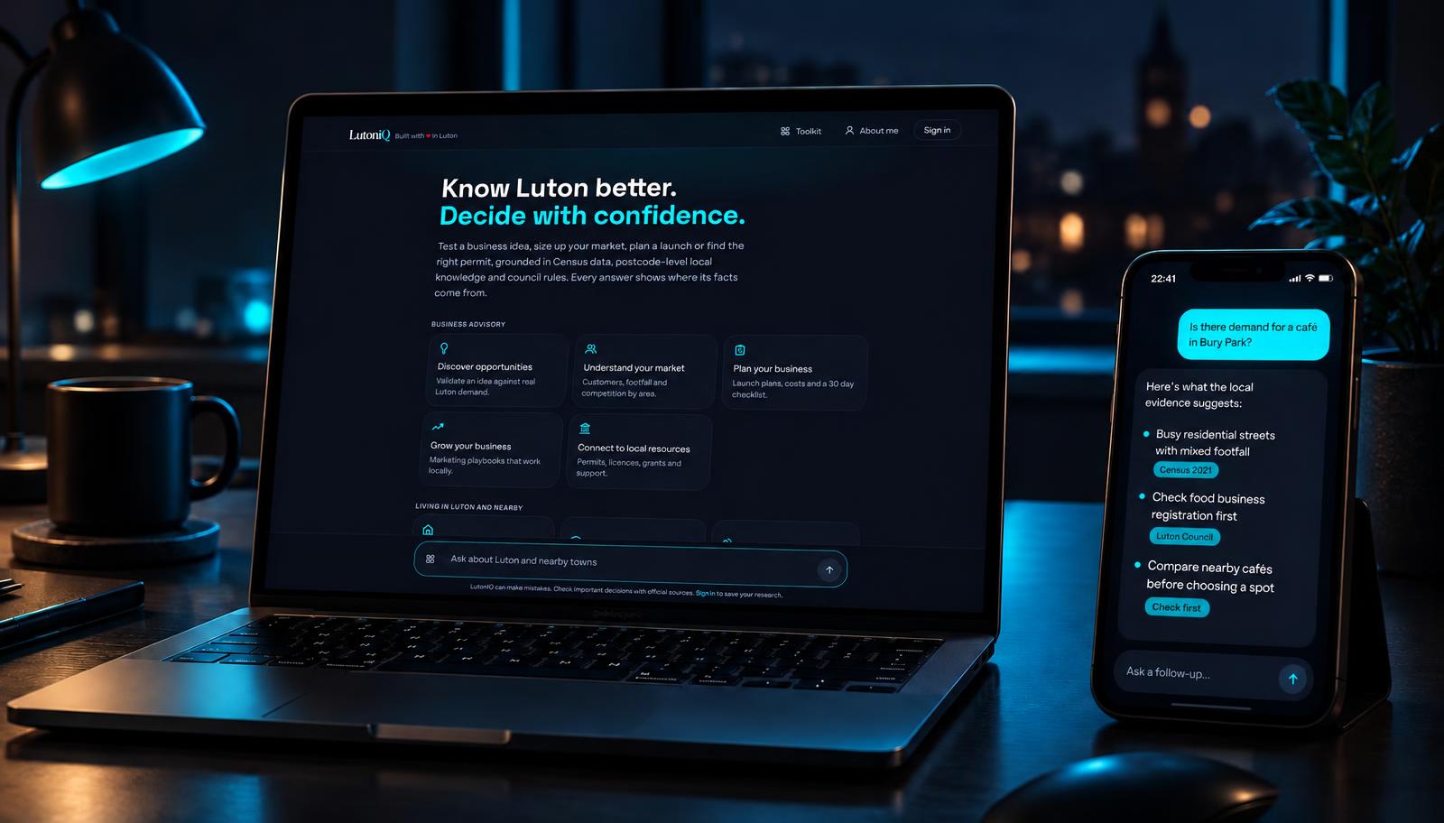 LutoniQ on a laptop and a phone, showing the home screen and a local business question with sourced answers
