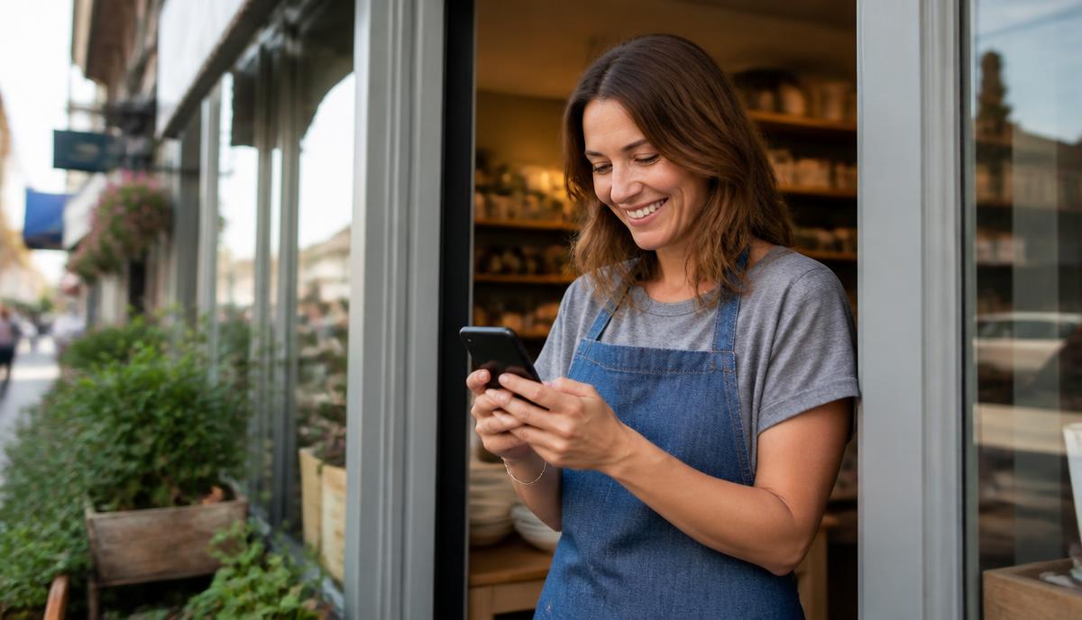 Small business owner standing in a British high street shop doorway checking their phone