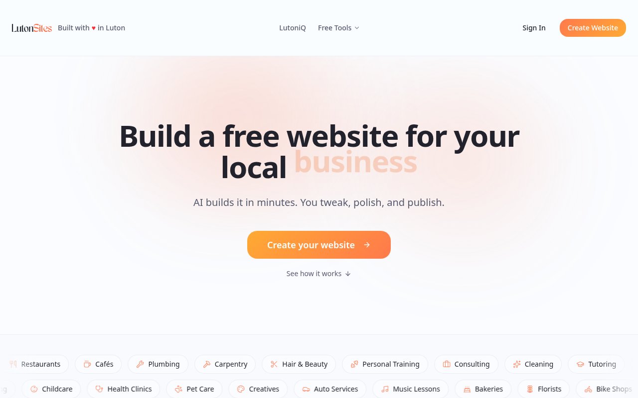 LutonSites home page with the Create your website button