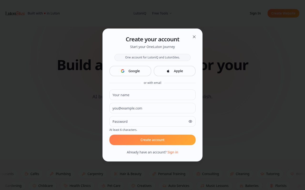 LutonSites sign-up window with Google, Apple and email options