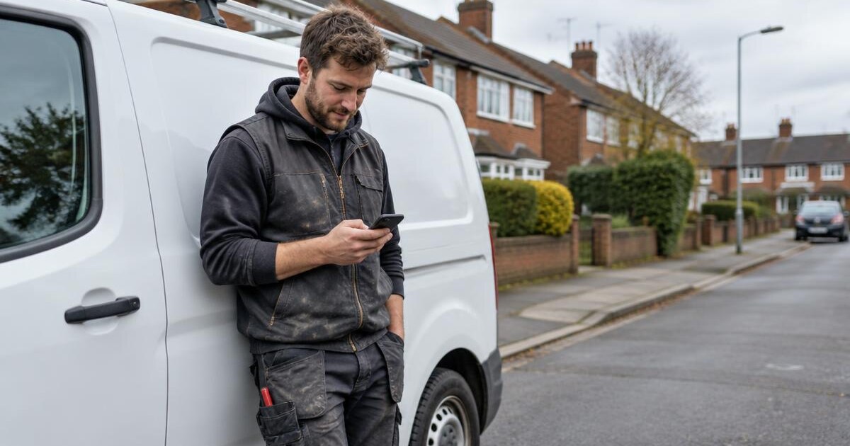 British tradesperson checking his phone beside a white work van on a residential street